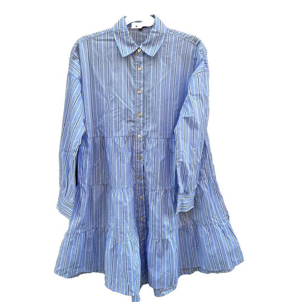 Pomander Place Shades of Blue‎ Striped Cara Tiered Shirt Dress, Size XS